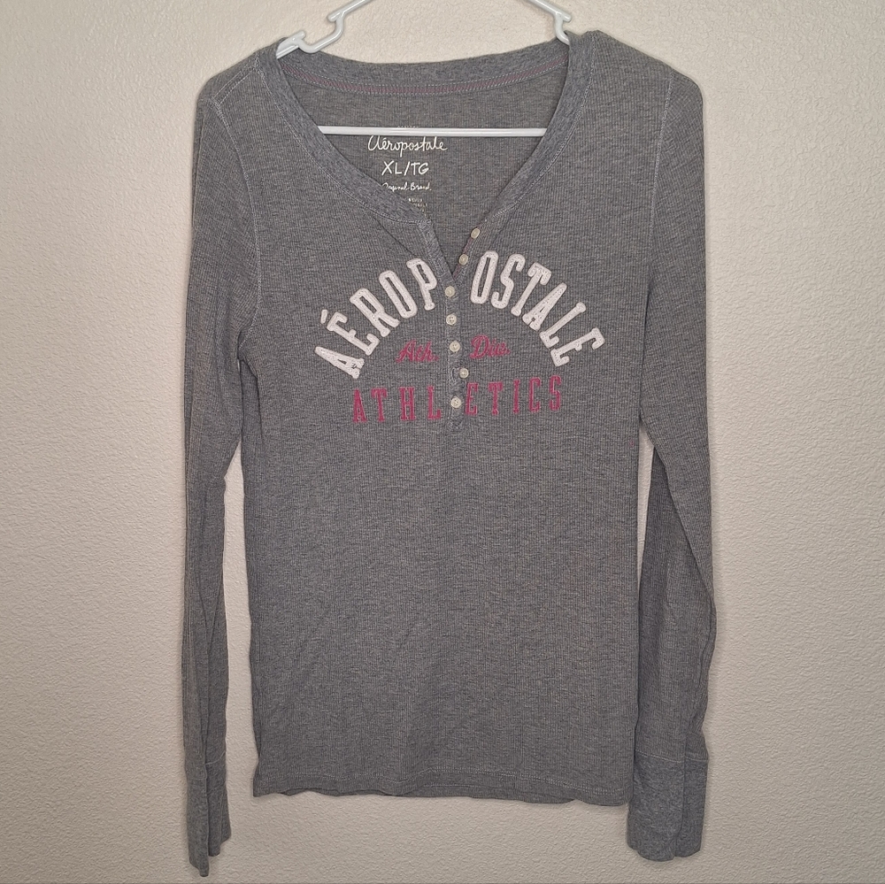 Aeropostale Heather Gray Henley Long-sleeve Top with Pink Accents Size XL